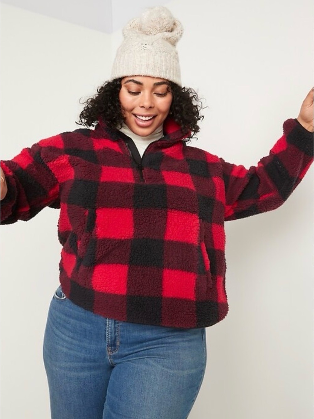 Old Navy Red and Black Buffalo Plaid Quarter Zip Sherpa Pullover